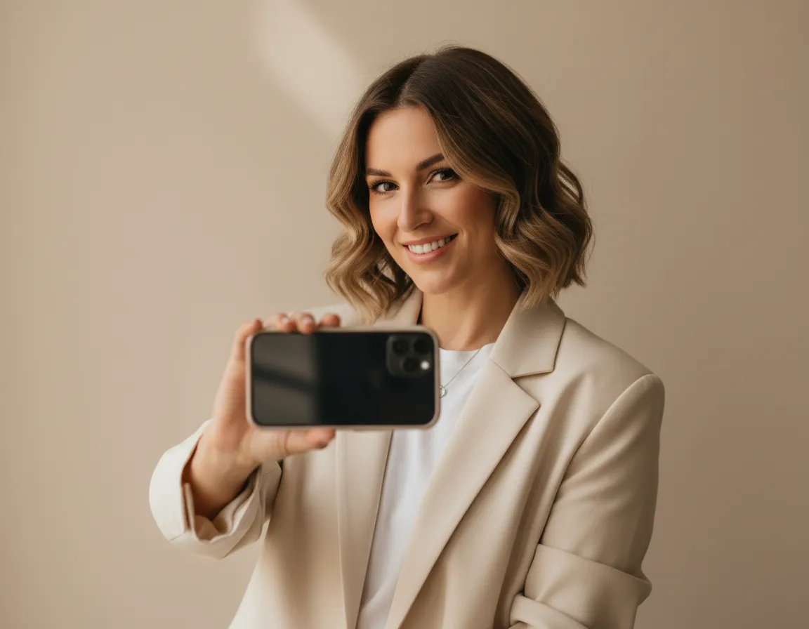 Portrait holding phone for social media content